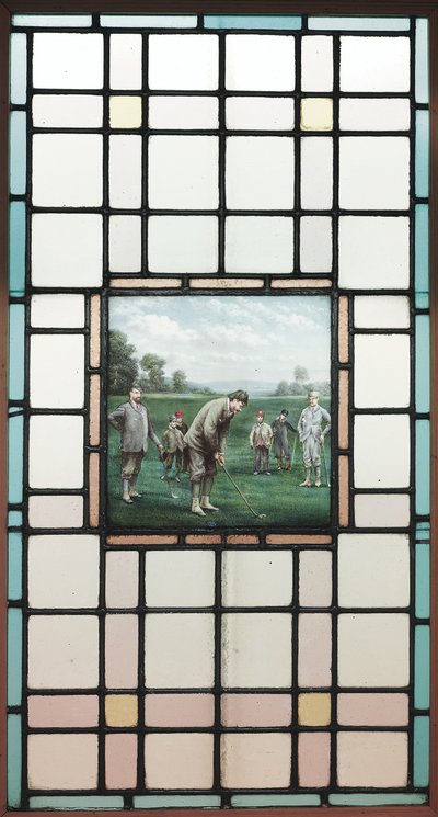Ett sent viktorianskt blyat glasfönster med golfarna, ca. 1890 av Charles Edmund Brock