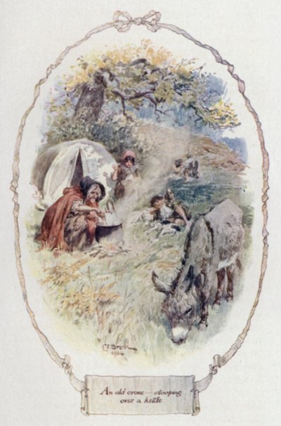 En gammal crone som lutar sig över en vattenkokare (färg litho) av Charles Edmund Brock