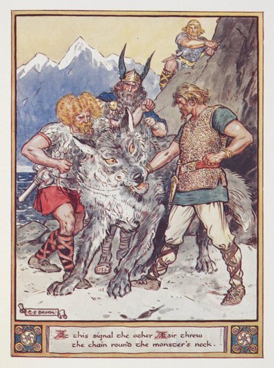 "Vid denna signal kastade den andre esiren kedjan runt monstrets hals. Tyr lovar sin hand att kedja vargen Fenrir", illustration från "The Heroes of Asgard", av Annie Keary, publ. 1930 (lito i färg) av Charles Edmund Brock