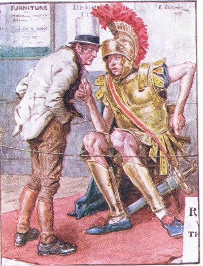 Doktor Marigold, vem är den märkliga unge mannen som hänger runt dina vagnar?, illustration från Dr Marigolds recept, 1910 av Charles Edmund Brock