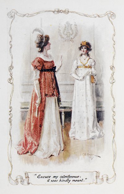"Ursäkta min inblandning, det var vänligt menat", Georgina Darcy till Elizabeth Bennet, illustration till "Pride and Prejudice" av Jane Austen av Charles Edmund Brock