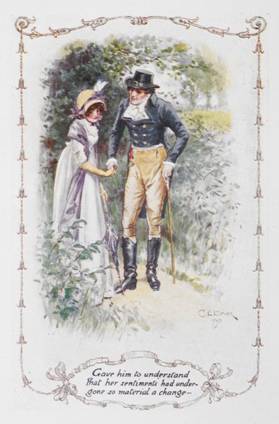 Gav honom att förstå att hennes känslor hade genomgått en så väsentlig förändring", Elizabeth Bennet och Mr Darcy, illustration till "Pride and Prejudice" av Jane Austen av Charles Edmund Brock