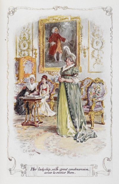 Hennes kvinnoskap, med stor nedlåtenhet, uppstod för att ta emot dem, illustration från "Pride and Prejudice" av Jane Austen (litho i färg) av Charles Edmund Brock