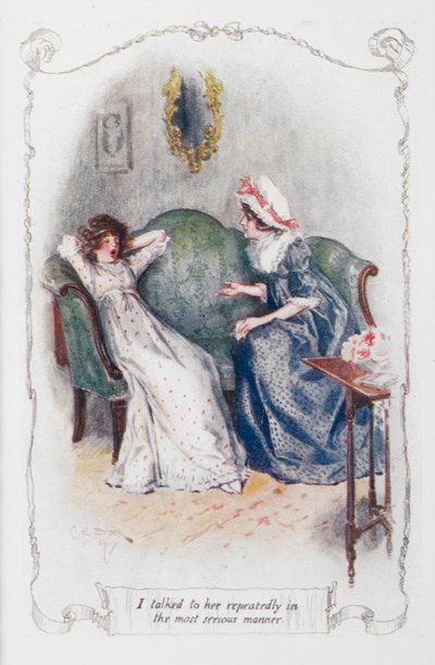 Jag pratade med henne upprepade gånger på det mest allvarliga sättet, illustration från "Stolthet och fördom" av Jane Austen (färg litho) av Charles Edmund Brock