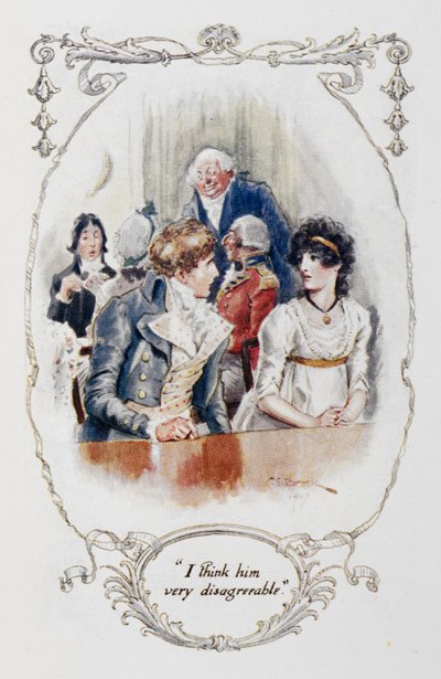 "Jag tycker att han är väldigt obehaglig", illustration från "Pride and Prejudice" av Jane Austen (litho i färg) av Charles Edmund Brock