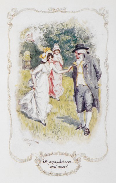 "Åh pappa, vilka nyheter - vilka nyheter?", illustration till "Stolthet och fördom" av Jane Austen av Charles Edmund Brock