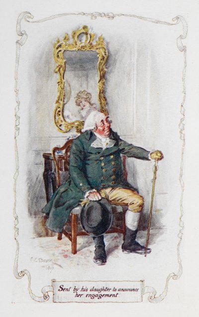 Skickat av hans dotter för att tillkännage sin förlovning, illustration från "Stolthet och fördom" av Jane Austen (lito i färg) av Charles Edmund Brock