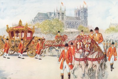 Kröningsvagnen svänger in på banvallen (färg litho) av Charles Edmund Brock