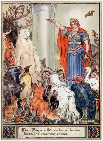 "Då kallade Frigga till henne alla bestar, fåglar och giftormar", illustration från "The Heroes of Asgard, sagor from Scandinavian Mythology", av A und E Keary, 1930 av Charles Edmund Brock