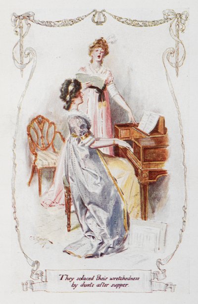 "De tröstade sin elände med duetter efter kvällsmaten", illustration från "Stolthet och fördom" av Jane Austen (lito i färg) av Charles Edmund Brock