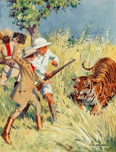 Tigerjakt i Indien, scen från The Other Tiger (färg litho) av Charles Edmund Brock