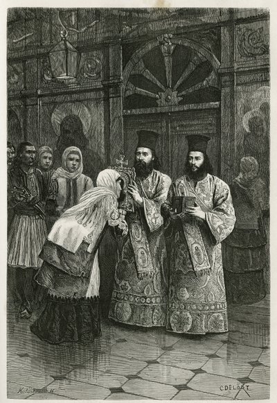 Pritres som ger en kyss till de heliga bilderna, graverad av Ch. Delort, för att illustrera Henri Belles resa till Grekland 1861, 1868 och 1874, publicerad i tour du monde, under ledning av Edouard Charton av Charles Edouard Delort