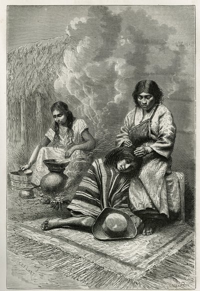 Förstörelsen av ett barn av hans mor och tillverkning av sockerrör eau de vie (rom), nära Cali (Cauca Valley, Colombia), gravyr av Ch. Delort, för att illustrera historien om Equinoxiale America av E. Andre, en missionsuppgift av den franska regeringen, pu av Charles Edouard Delort
