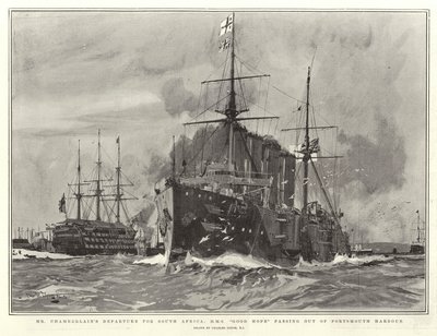 Mr Chamberlains avresa till Sydafrika, H M S Good Hope passerar ut ur Portsmouths hamn av Charles Edward Dixon