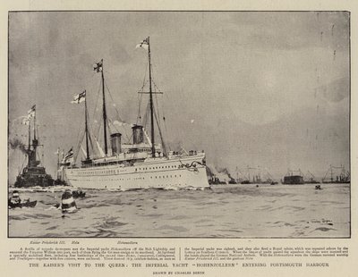 Kaiserns besök hos drottningen, den kejserliga yacht Hohenzollern på väg in i Portsmouths hamn av Charles Edward Dixon