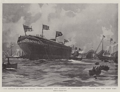 Lanseringen av den nya kungliga yachten Victoria och Albert vid Pembroke Dock, flytande för första gången av Charles Edward Dixon