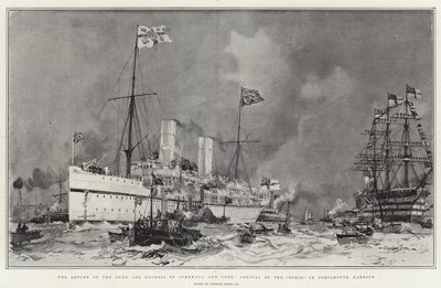 Hertigen och hertiginnan av Cornwall och York återvänder och Ophir anländer till Portsmouths hamn. av Charles Edward Dixon