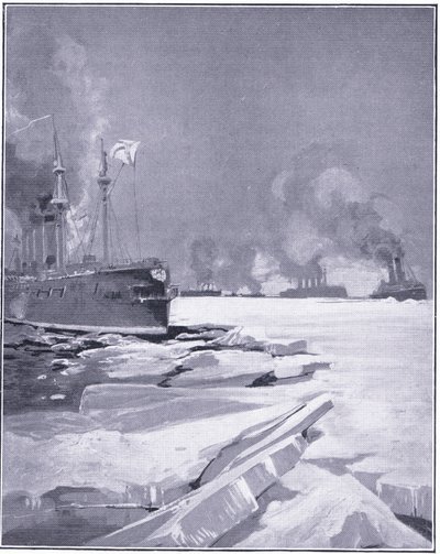 Vladivostok-skvadronen tvingar sig genom isen ut ur hamnen i Vladivostok, illustration från Cassells History of the Russian-Japanese War Vol 1, c.1900 av Charles Edward Dixon