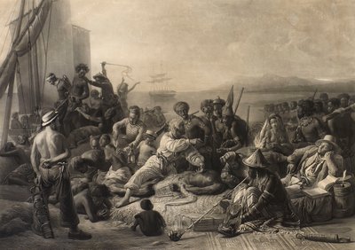 "Scen på Afrikas kust": slavar och slavägare väntar på transport till utlandet. av Charles Edward Wagstaff