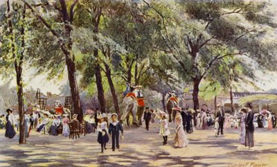 London Zoo: Broad Walk, med elefanter (färg litho) av Charles Edwin Flower