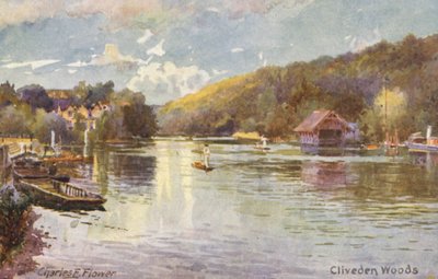 Floden Themsen: Cliveden Woods (färglitografi) av Charles Edwin Flower