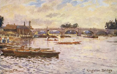 Floden Themsen: Kingston Bridge (färglitografi) av Charles Edwin Flower
