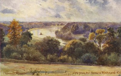 Floden Themsen: Vy från terrassen Richmond Hill (färglitografi) av Charles Edwin Flower