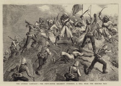 Den afghanska kampanjen, det femtionionde regementet stormar en kulle nära Sebundi-passet. av Charles Edwin Fripp