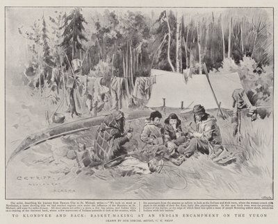 Till Klondyke och tillbaka, korgtillverkning vid ett indiskt läger vid Yukon (litho) av Charles Edwin Fripp