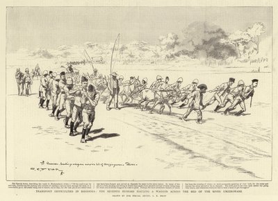 Transportsvårigheter i Rhodesia, sjunde husarerna drar en vagn över Umzingwane-flodens bädd. av Charles Edwin Fripp