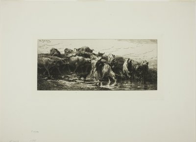 Kor som dricker från floden av Charles Emile Jacque