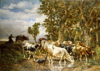 Flock kor vid en dricksbassäng, av Charles Emile Jacque