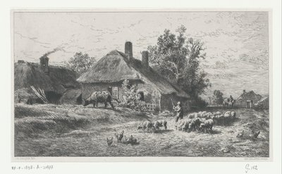 Herde med flock på en väg längs en bondgård av Charles Emile Jacque