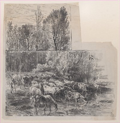 Herdsman and boskap vid Ford, ca. 1850. av Charles Emile Jacque