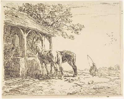 Hästar i ett stall, 1800-talet (cliché verre eller heliograf) av Charles Emile Jacque