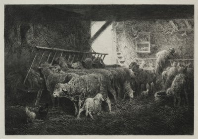 Interiör av fårhägn. av Charles Emile Jacque
