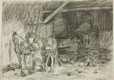 Interiör från en smedja (recto); Man som böjer sig framåt, sedd från Read (verso) av Charles Emile Jacque