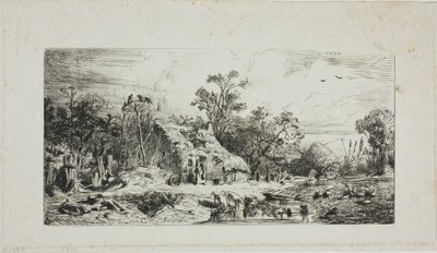 Landskap med stugor med halmtak av Charles Emile Jacque