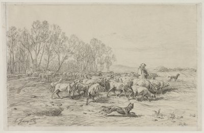 Landskap med en fårflock av Charles Emile Jacque