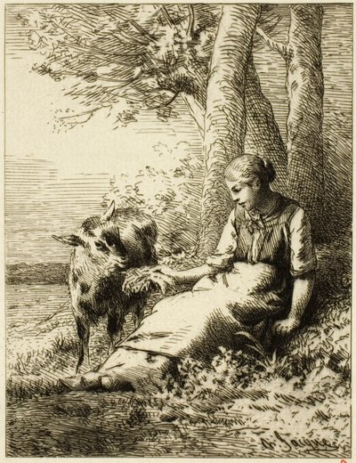 Herde med fårflock vid kanten av trä av Charles Emile Jacque