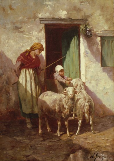 Herdinna med ett barn och två får av Charles Emile Jacque