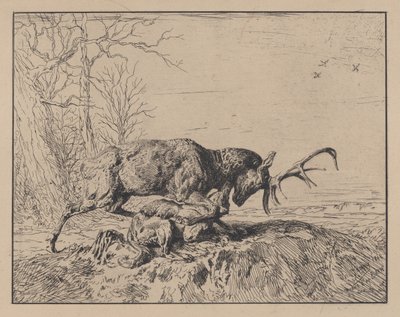 Stag Fighting a Wolf, efter Antoine Louis Barye, 1846. av Charles Emile Jacque