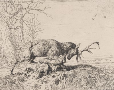Stag Fighting a Wolf, efter Antoine Louis Barye, 1846. av Charles Emile Jacque