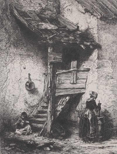 Trappor och kvinna som kurrar, 1845. av Charles Emile Jacque