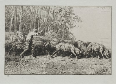 Flock av porer som kommer ut ur en skog. av Charles Emile Jacque
