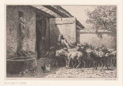 Kvinna som leder fåren till stallet Bergerie av Charles Emile Jacque