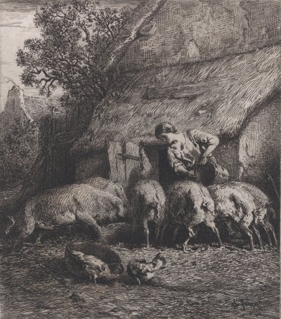 Kvinna som matar grisar, 1850. av Charles Emile Jacque