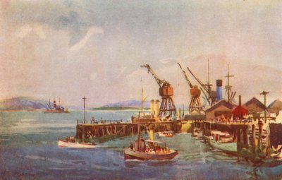 En brygga i Durbans hamn (färglitografi) av Charles Ernest Peers