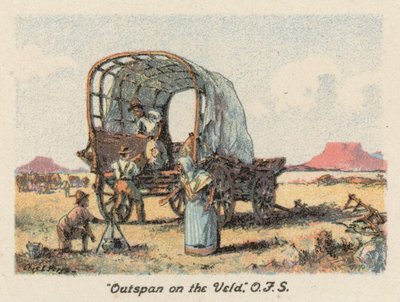 Sydafrika: "Outspan on the Veld", OFS (färglitografi) av Charles Ernest Peers