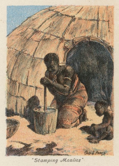 Sydafrika: "Stamping Mealies" (färglitografi) av Charles Ernest Peers
